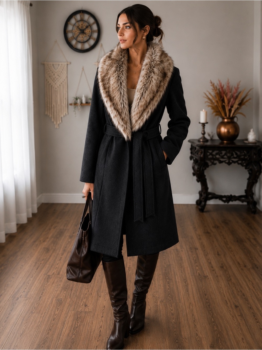 Only Dark GRAY Wool Coat with Faux Fur Collar